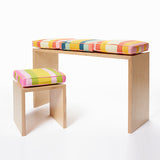 Large Bench Desk shown with Child's Stool. Cushions shown here from left to right: Pond, Sunshiny Day, Surf Van, Sunshiny Day. Cushions sold separately.